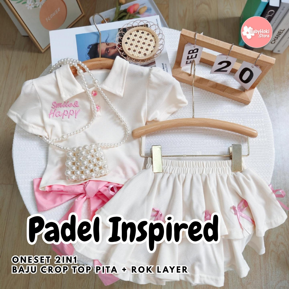 [363724] - Setelan Padel Inspired Baju Crop Top Lengan Pendek Bawahan Rok Fashion Anak Perempuan - Motif Cheerful Happy