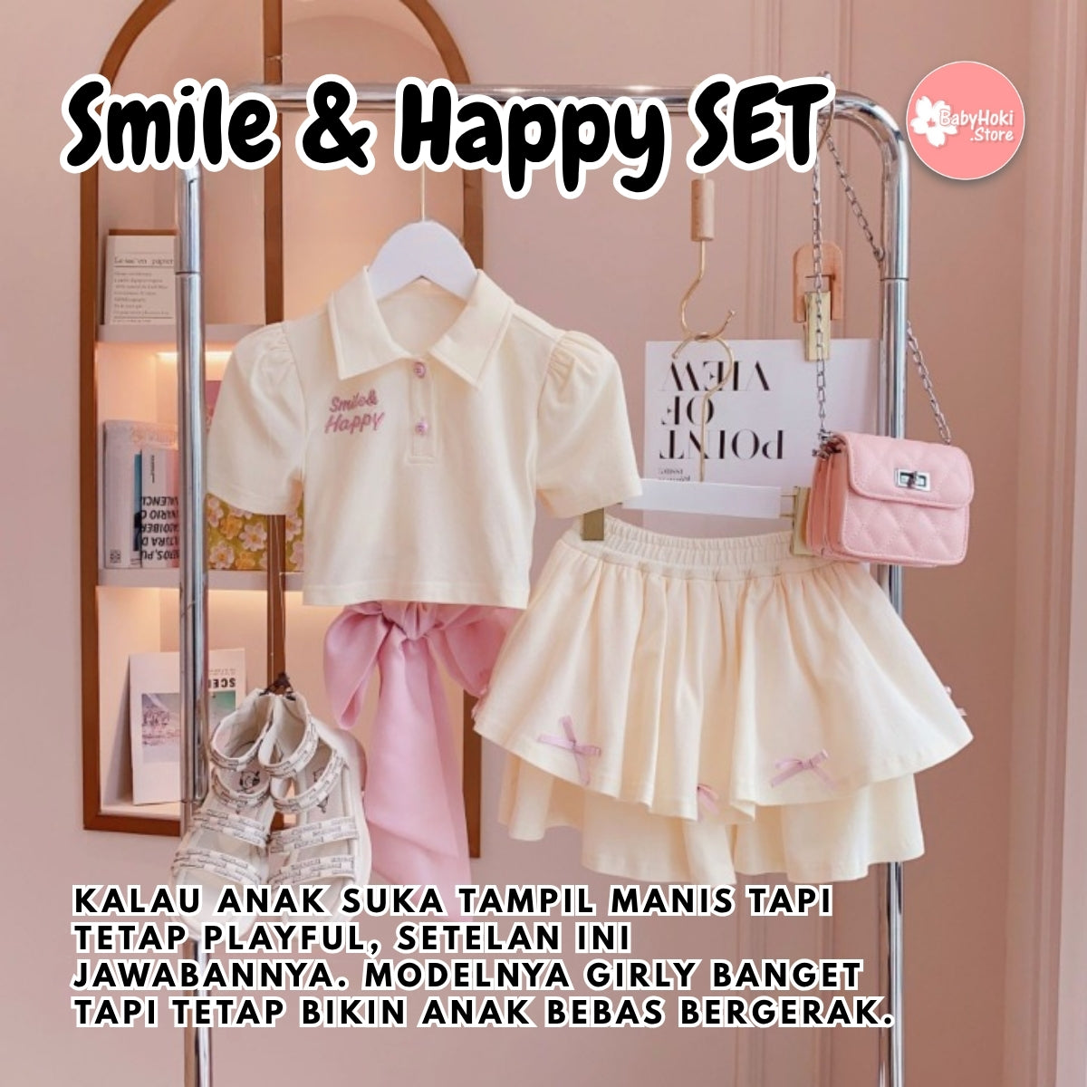 [363724] - Setelan Padel Inspired Baju Crop Top Lengan Pendek Bawahan Rok Fashion Anak Perempuan - Motif Cheerful Happy