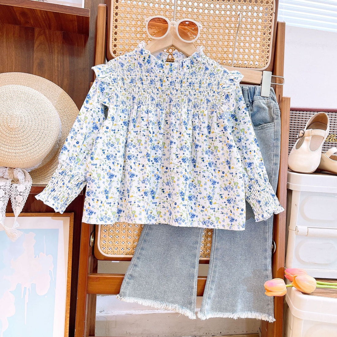 [363726] - Setelan Baju Blouse Lengan Panjang Celana Jeans Panjang Fashion Anak Perempuan - Motif Floral Denim