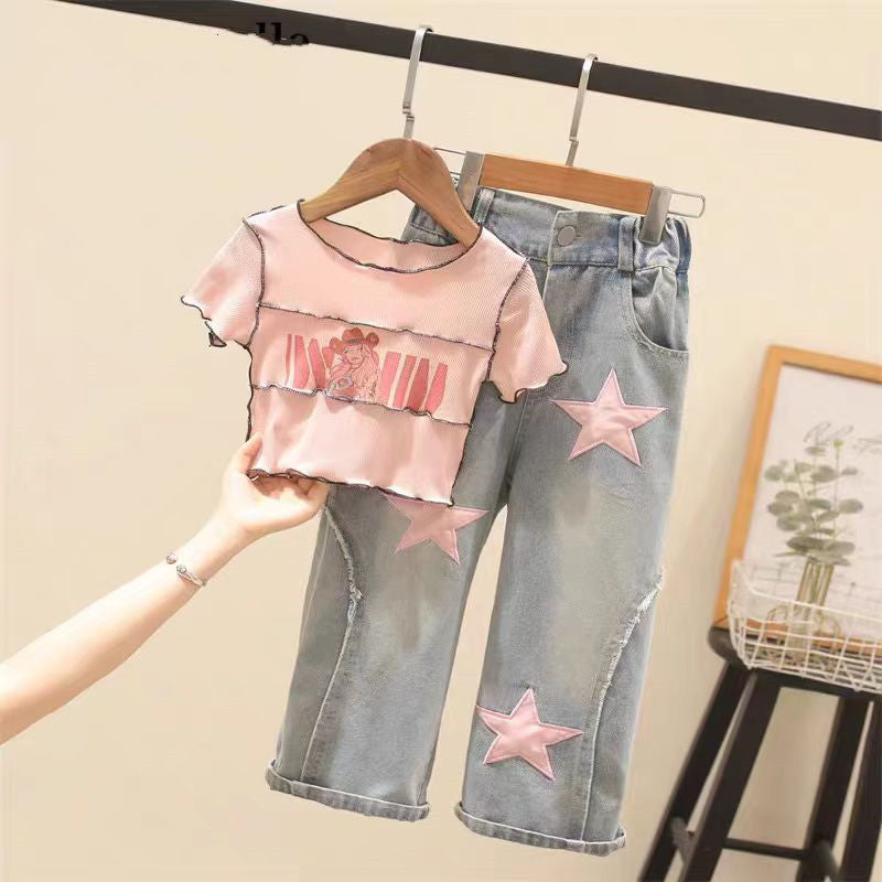[363728] - Setelan Atasan Baju Crop Top Celana Jeans Fashion Anak Perempuan - Motif Star Wavy