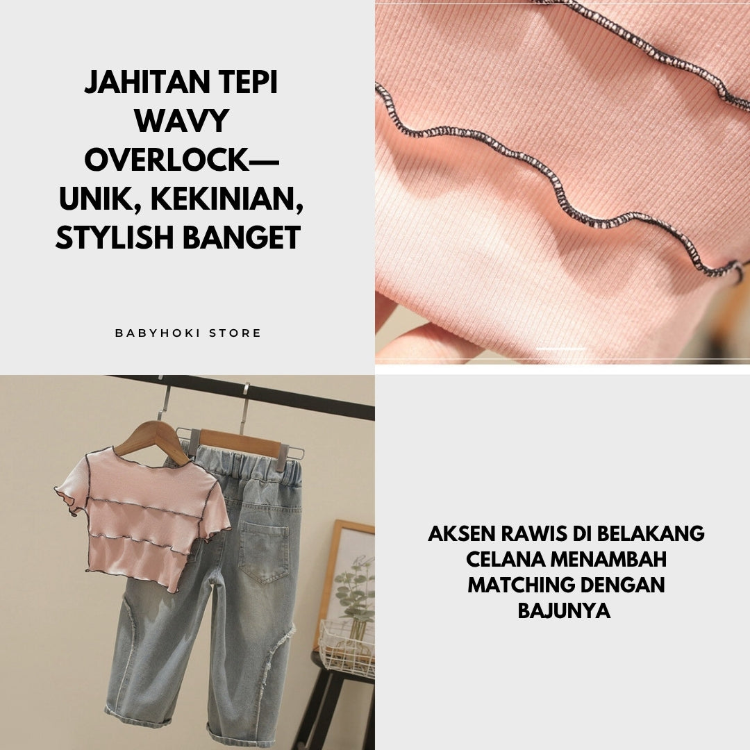 [363728] - BABYHOKI STORE Oneset 2in1 Setelan Atasan Baju Crop Top Celana Jeans Fashion Anak Perempuan - Motif Star Wavy