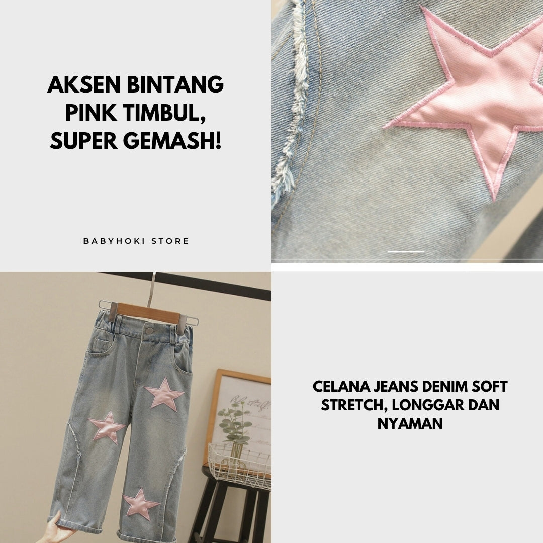 [363728] - BABYHOKI STORE Oneset 2in1 Setelan Atasan Baju Crop Top Celana Jeans Fashion Anak Perempuan - Motif Star Wavy
