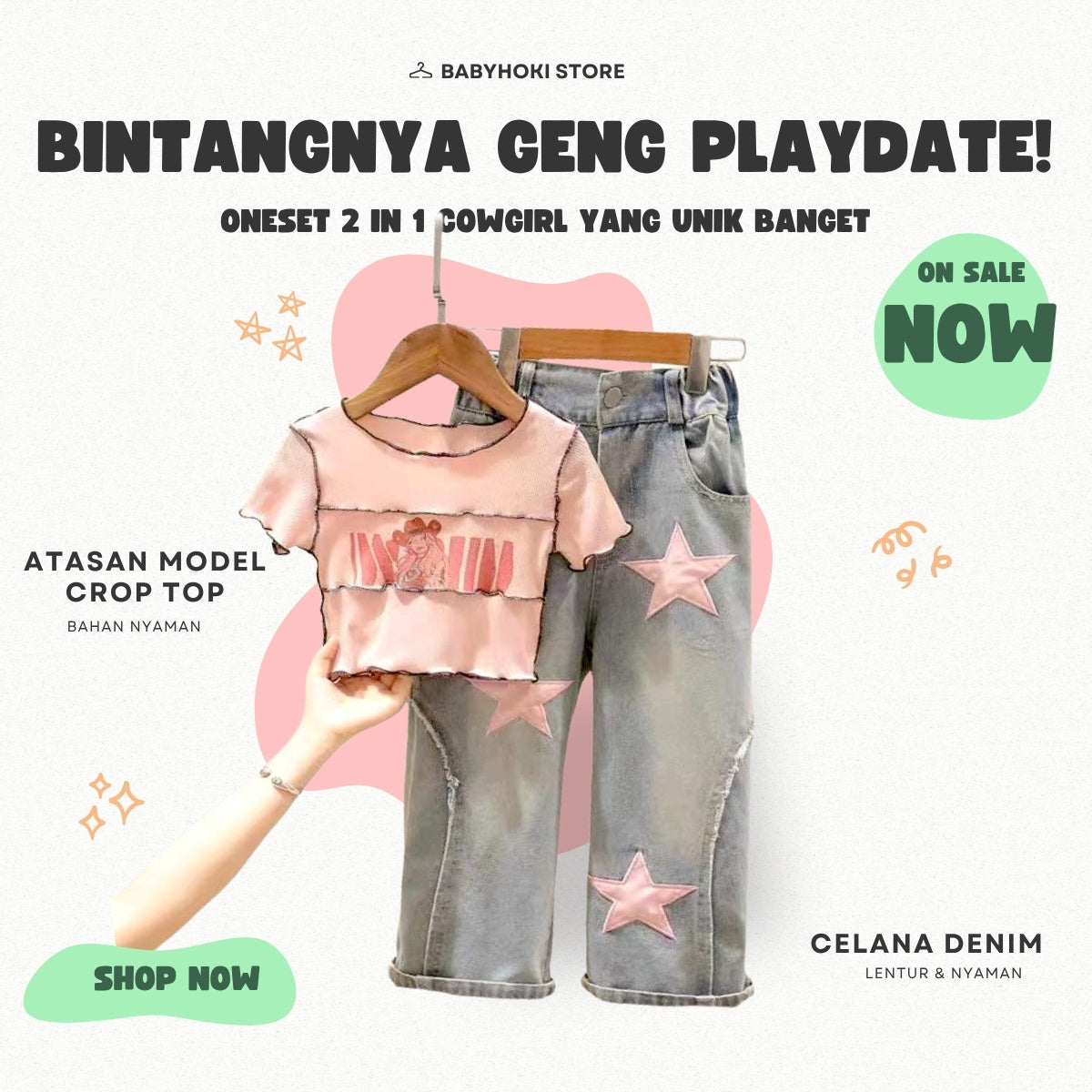 [363728] - BABYHOKI STORE Oneset 2in1 Setelan Atasan Baju Crop Top Celana Jeans Fashion Anak Perempuan - Motif Star Wavy