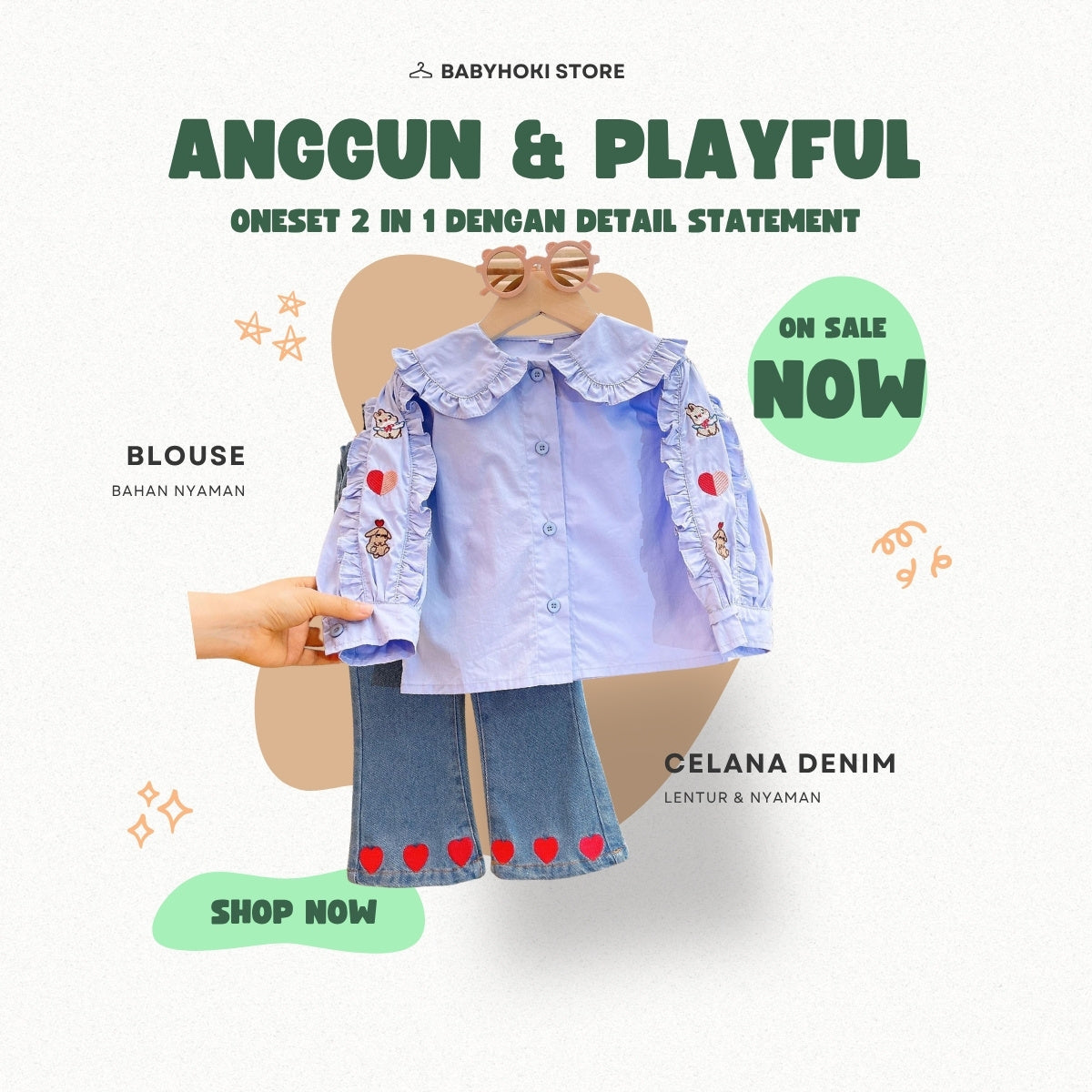 [363729] - BABYHOKI STORE Setelan ONESET 2in1 Baju Blouse Ruffles Lengan Panjang Celana Jeans Panjang Fashion Anak Perempuan - Motif Little Heart