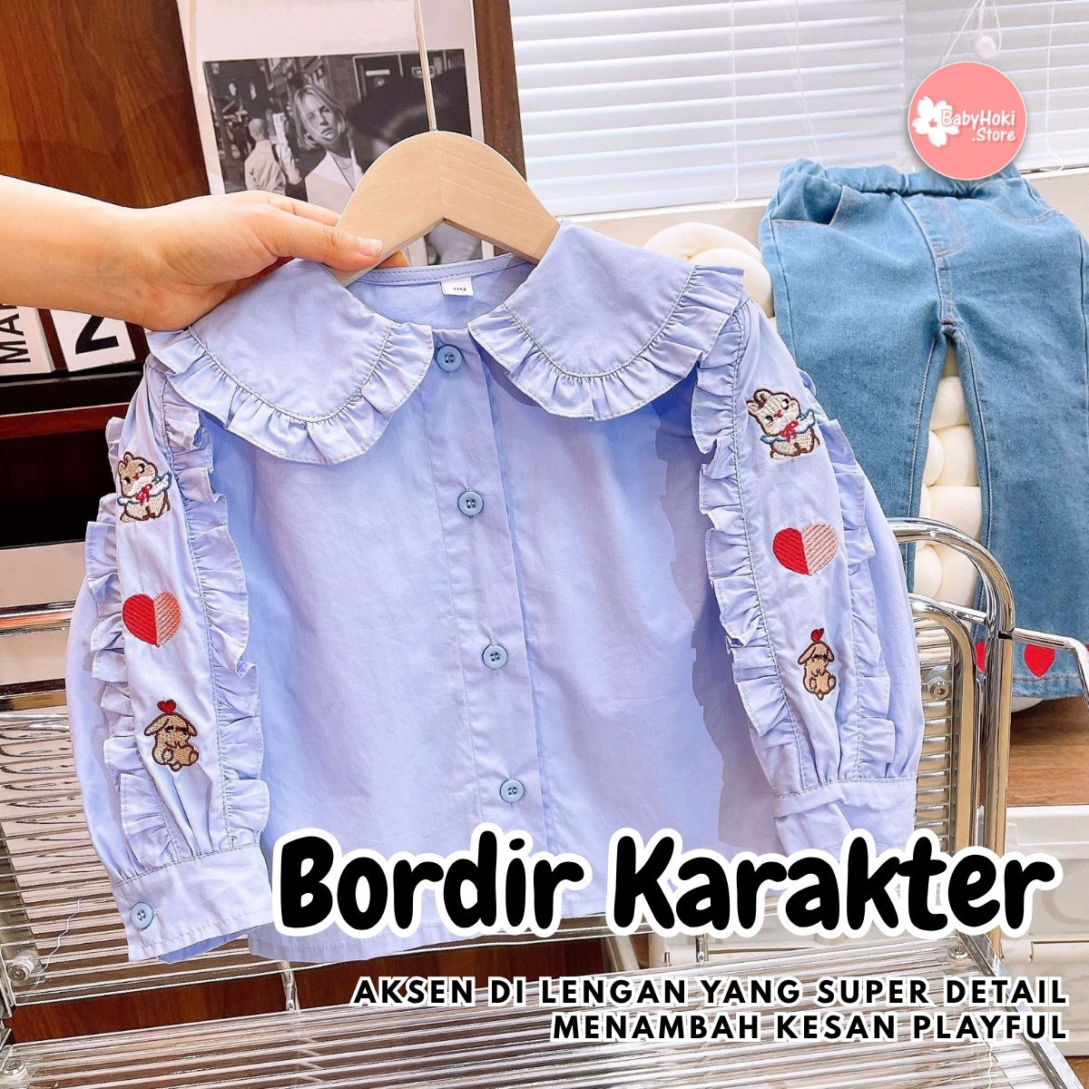 [363729] - BABYHOKI STORE Setelan ONESET 2in1 Baju Blouse Ruffles Lengan Panjang Celana Jeans Panjang Fashion Anak Perempuan - Motif Little Heart