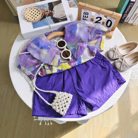 [363733] - Baju Setelan Blouse Lengan Pendek Celana Pendek Fashion Anak Perempuan - Motif Abstract Geometry
