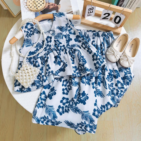 [363736] - Setelan Baju Crop Top Tanpa Lengan Celana Panjang Fashion Anak Perempuan - Motif Floral Leaf