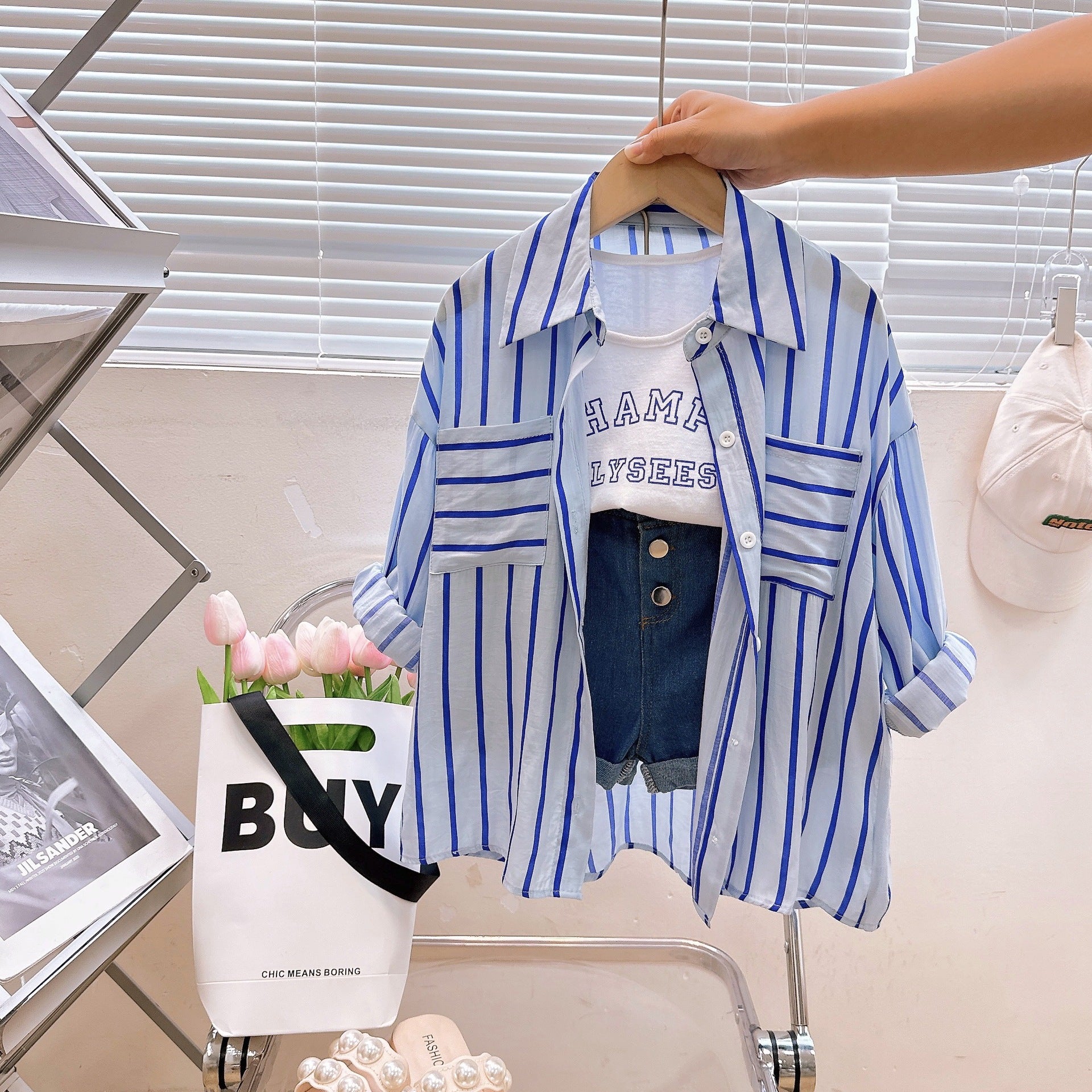 [363737] - One Set  3 In 1 Baju Setelan Atasan Kaos Kutung Kemeja Panjang Celana Jeans Pendek Fashion Anak Perempuan Trendy - Motif Casual Stripe