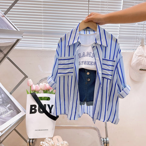 [363737] - One Set  3 In 1 Baju Setelan Atasan Kaos Kutung Kemeja Panjang Celana Jeans Pendek Fashion Anak Perempuan Trendy - Motif Casual Stripe