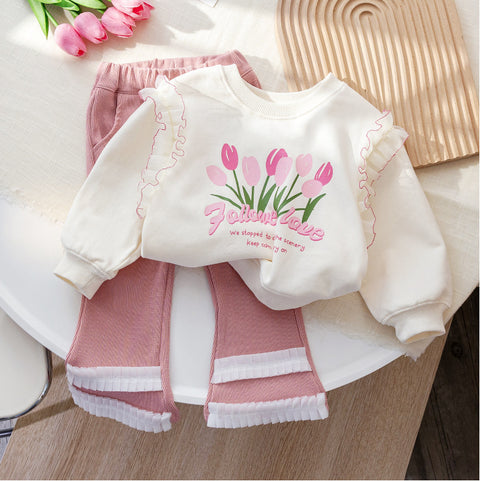 [363738] - Setelan Baju Sweater Renda Celana Panjang Fashion Anak Perempuan - Motif Follower Love