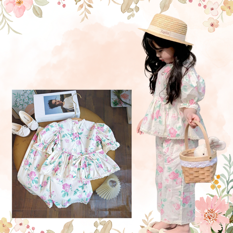 [363739] - Setelan Baju Blouse Lengan Pendek Celana Panjang Fashion Anak Perempuan - Motif Flower Lace