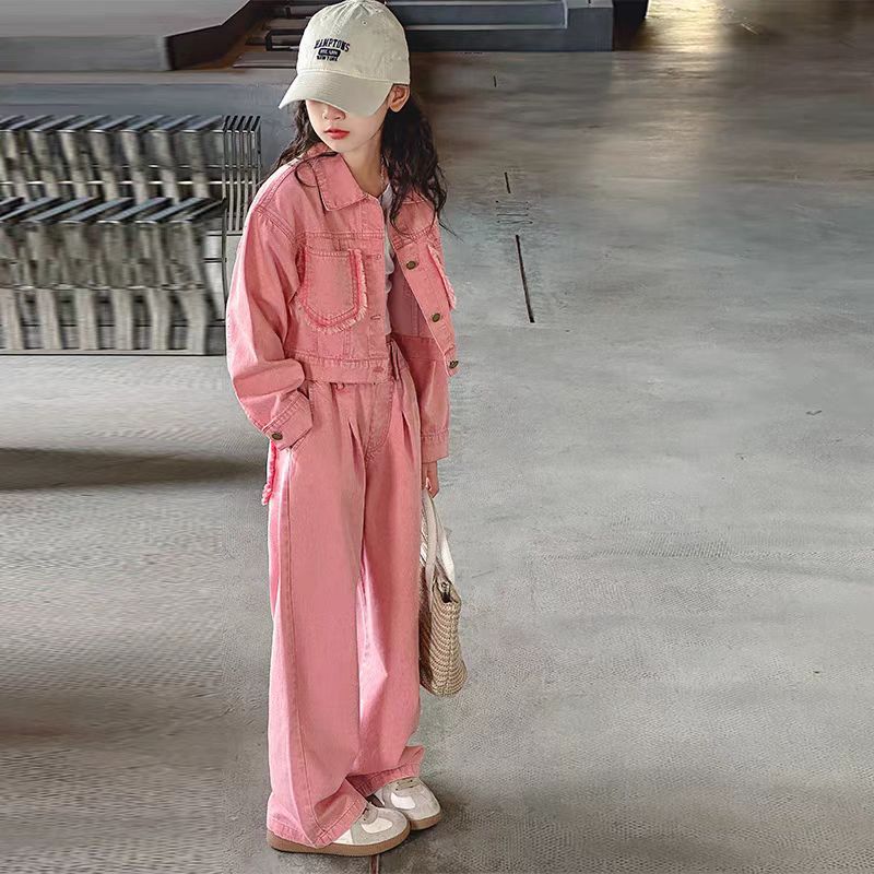 [363743-Long] - Setelan Streetwear Jeans Oneset Baju Atasan Lengan Panjang Jaket Bawahan Celana Kulot Panjang Fashion Anak Perempuan - Motif Casual Plain