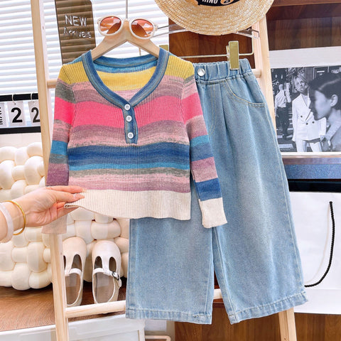 [363745] - Setelan Baju Atasan Rajut Celana Jeans Panjang Fashion Anak Perempuan - Motif Colorful Lines