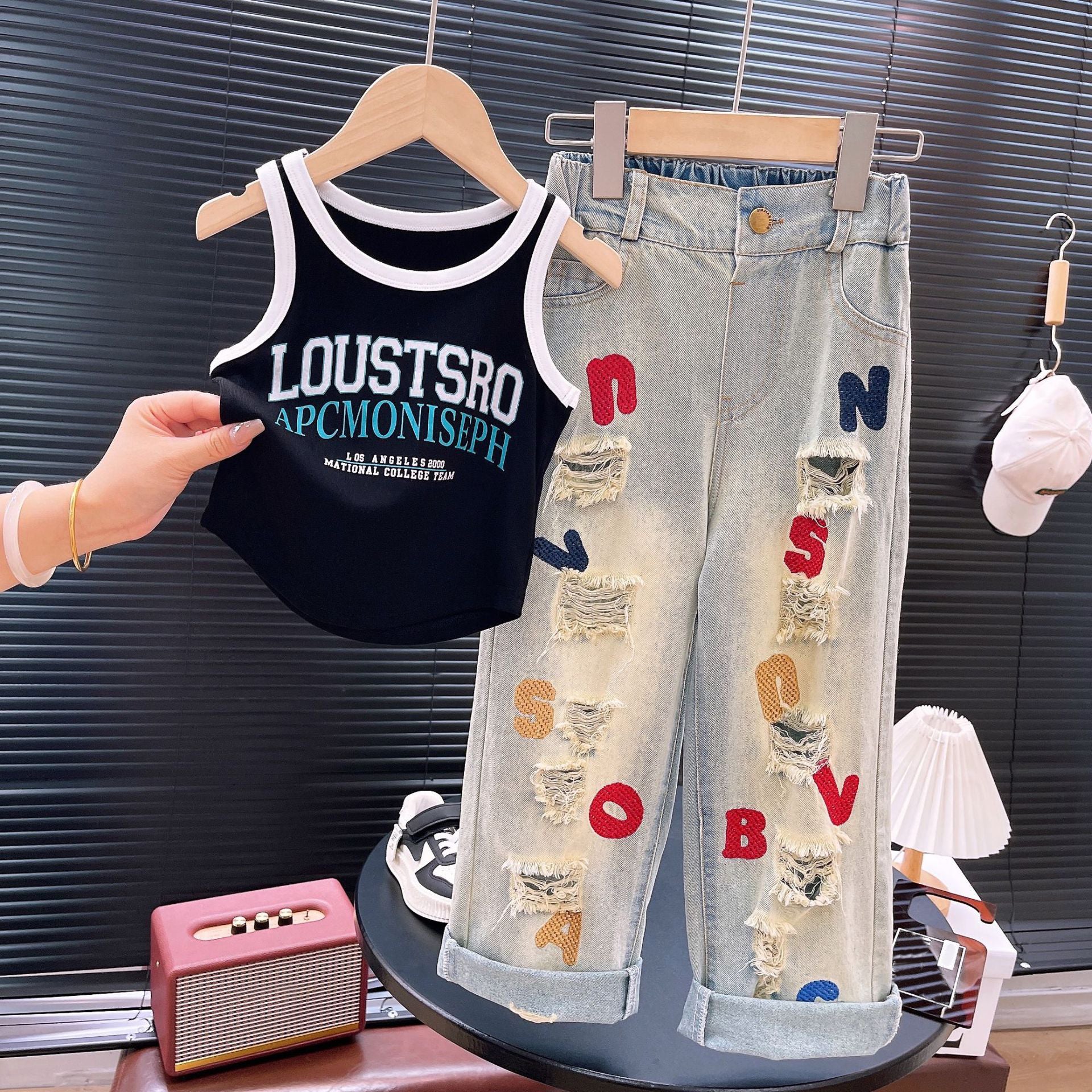 [363746] - Baju Setelan Atasan Kutung Celana Bordir Ripped Jeans Fashion Anak Perempuan - Motif Street Style