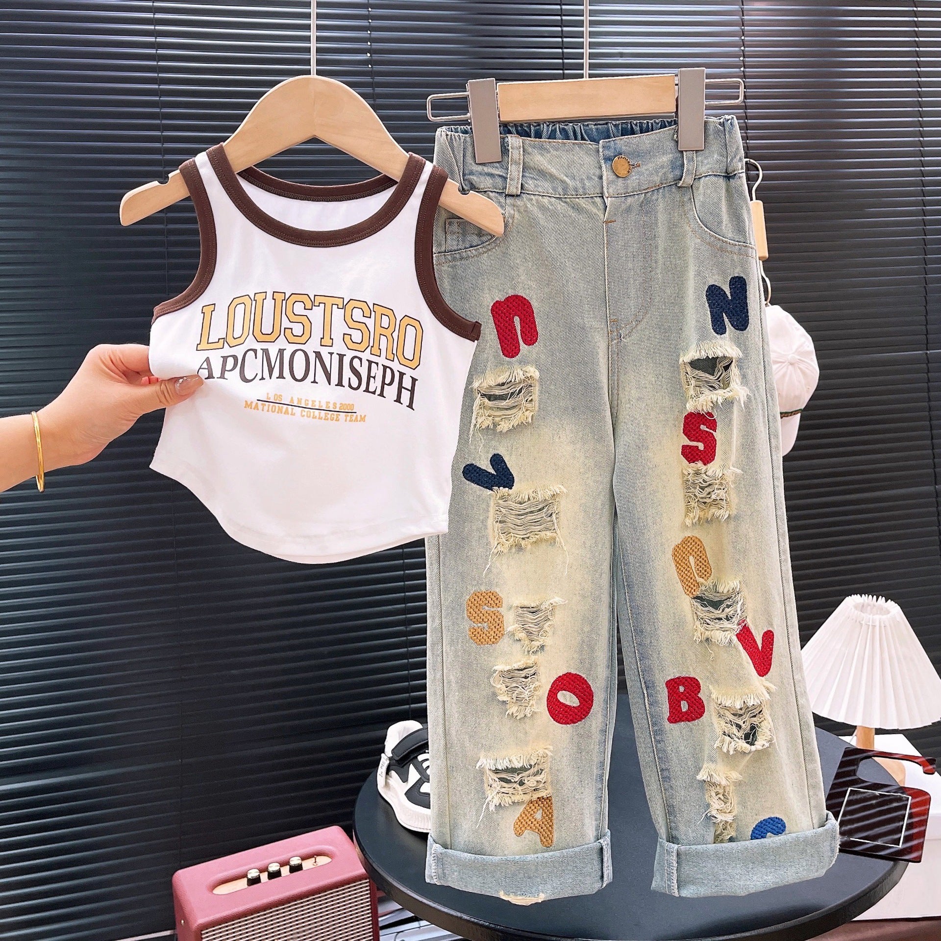 [363746] - Baju Setelan Atasan Kutung Celana Bordir Ripped Jeans Fashion Anak Perempuan - Motif Street Style