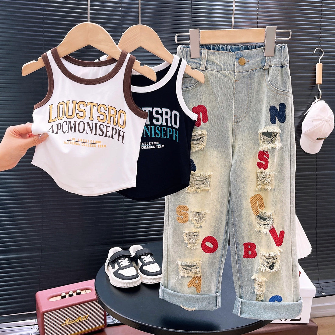 [363746] - Baju Setelan Atasan Kutung Celana Bordir Ripped Jeans Fashion Anak Perempuan - Motif Street Style