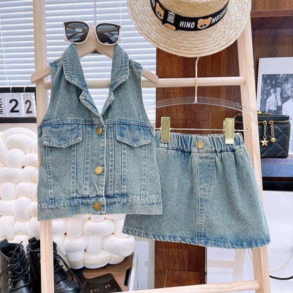 [363747] - Baju Setelan Jaket Kutung Bawahan Rok Jeans Fashion Anak Perempuan - Motif Short Denim