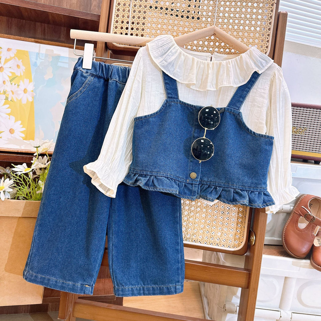 [363749] - Setelan Baju Blouse Rompi Celana Jeans Panjang Fashion Anak Perempuan - Motif Side Ruffles