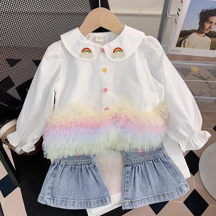 [363750] - Setelan Baju Blouse Ruffles Celana Jeans Cutbraid Fashion Anak Perempuan - Motif Rainbow Love