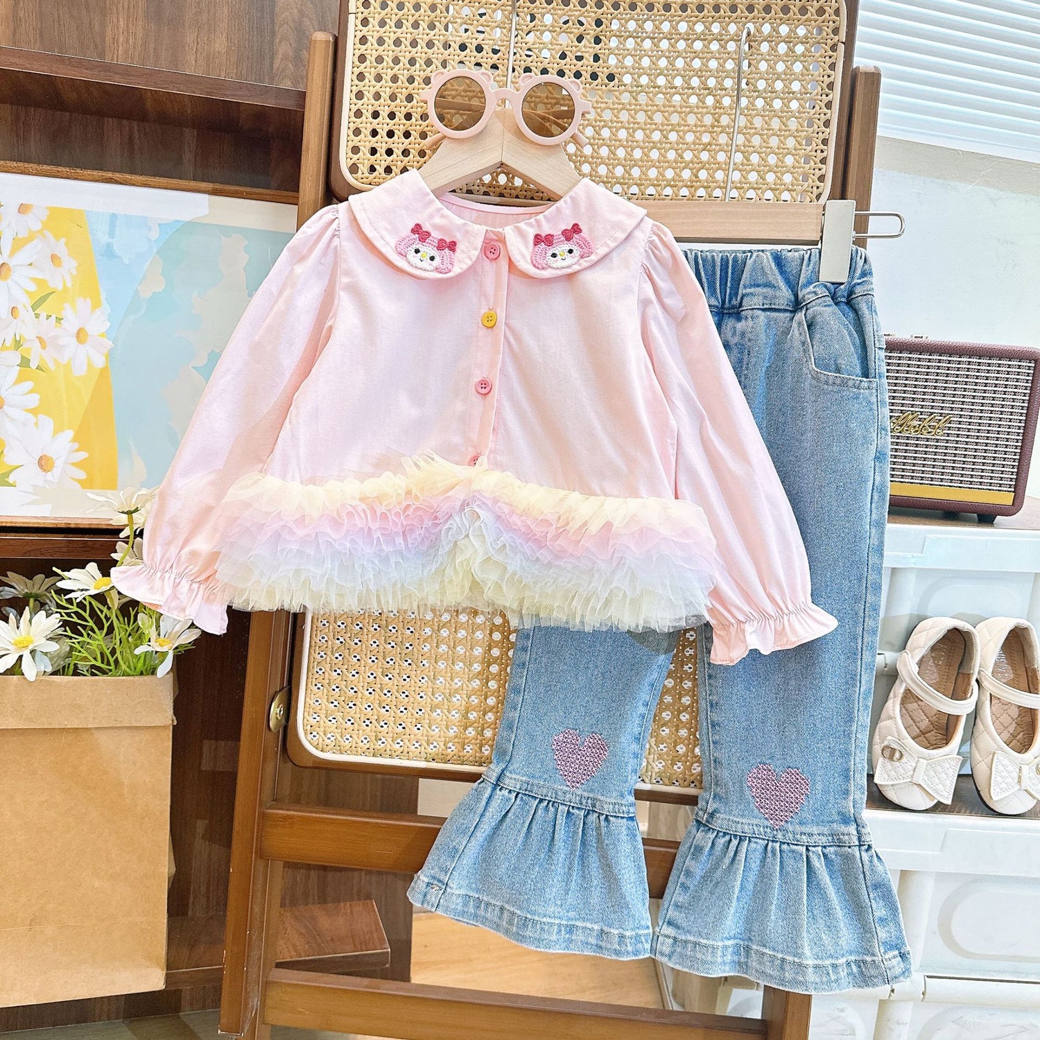 [363750] - Setelan Baju Blouse Ruffles Celana Jeans Cutbraid Fashion Anak Perempuan - Motif Rainbow Love
