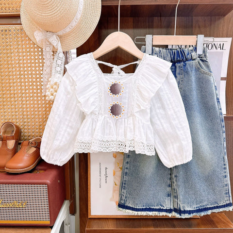 [363751] - Setelan Baju Blouse Lengan Panjang Celana Panjang Jeans Fashion Anak Perempuan - Motif Soft Lace