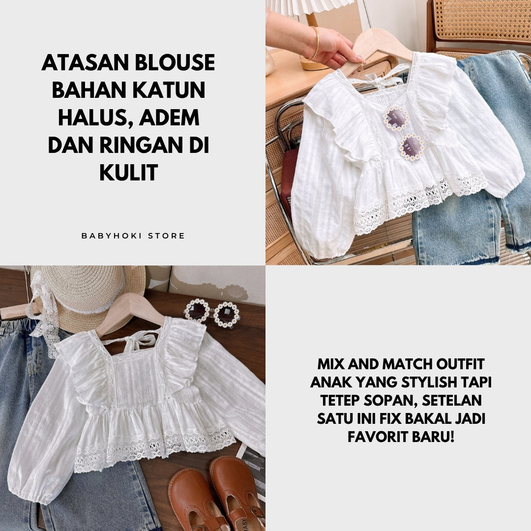[363751] - BABYHOKI STORE Oneset 2in1 Setelan Baju Blouse Lengan Panjang Celana Panjang Jeans Fashion Anak Perempuan - Motif Soft Lace