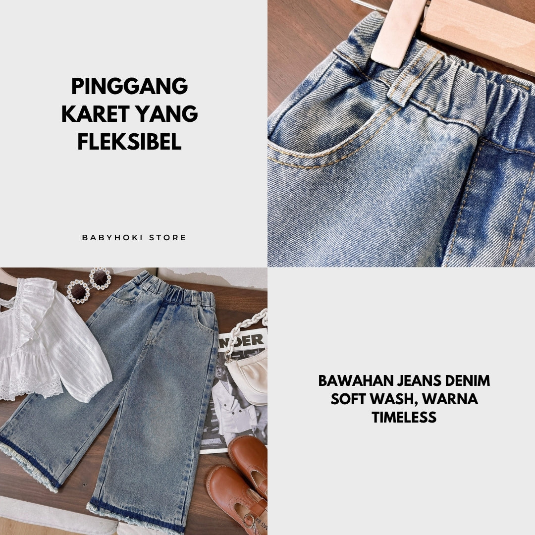 [363751] - BABYHOKI STORE Oneset 2in1 Setelan Baju Blouse Lengan Panjang Celana Panjang Jeans Fashion Anak Perempuan - Motif Soft Lace