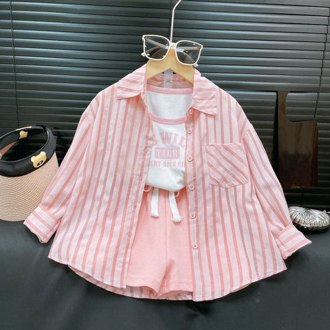 [363758] - Setelan Baju 3 In 1 Kemeja Lengan Panjang Celana Pendek Fashion Anak Perempuan - Motif Tier Strip