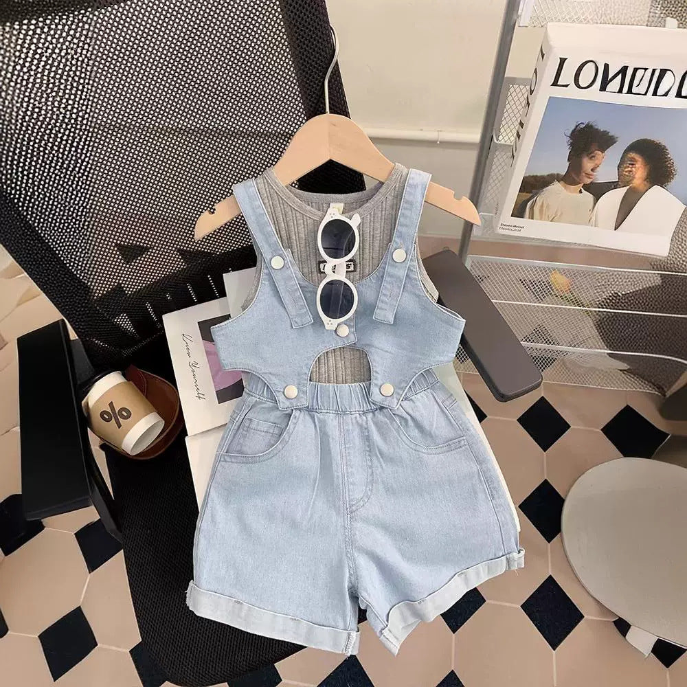 [363760] - Setelan 3 In 1 Baju Atasan Rompi Celana Pendek Jeans Fashion Anak Perempuan - Motif Denim Stripe