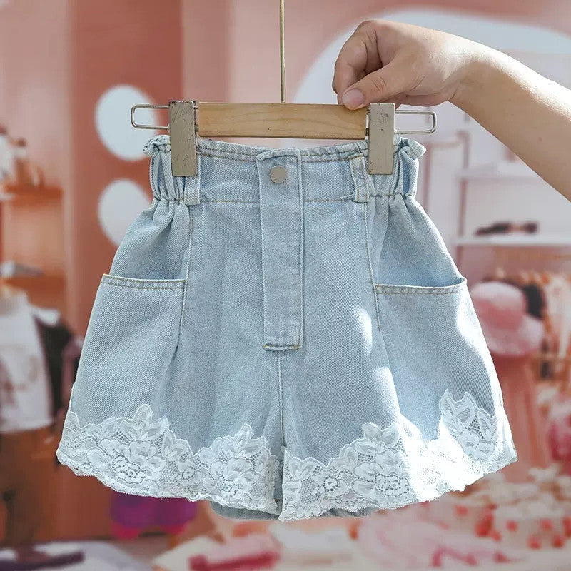 [363764] - Bawahan Celana Jeans Pendek Fashion Anak Perempuan - Motif Flower Lace