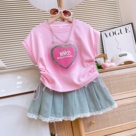 [363765] - Oneset 2in1 Denim Daily Wear Setelan Baju Lengan Pendek Bawahan Rok Pendek Fashion Anak Perempuan Cewek - Motif Heart Letter
