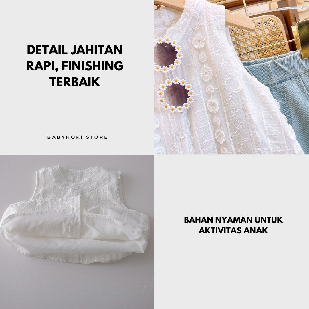 [363767] - BABYHOKI STORE Setelan Oneset 2in1 Baju Tanpa Lengan Celana Jeans Panjang Fashion Anak Perempuan - Motif Wavy Lace