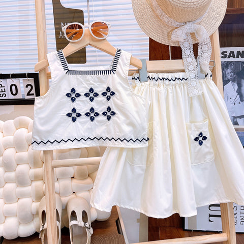 [363768] - Setelan One Set Baju Crop Tanpa Lengan Bawahan Rok Panjang Fashion Anak Perempuan - Motif Wavy Leaf
