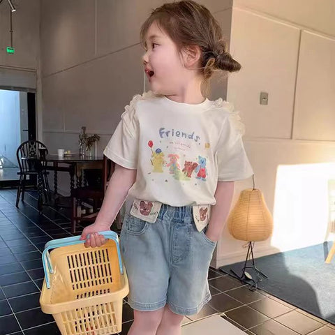 [363771] - Setelan Baju Lengan Pendek Celana Pendek Jeans Fashion Anak Perempuan - Motif Friends Valentine