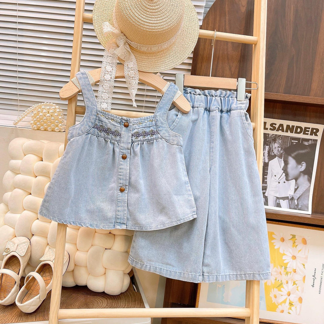 [363774] - Setelan Baju Kutung Celana Jeans Panjang Fashion Anak Perempuan - Motif Plain Denim