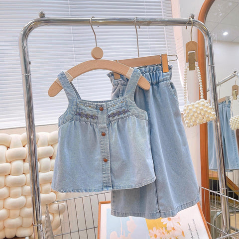 [363774] - Setelan One Set Denim Jeans Baju Kutung Celana Model Kulot Jeans Panjang Fashion Anak Perempuan - Motif Plain Denim