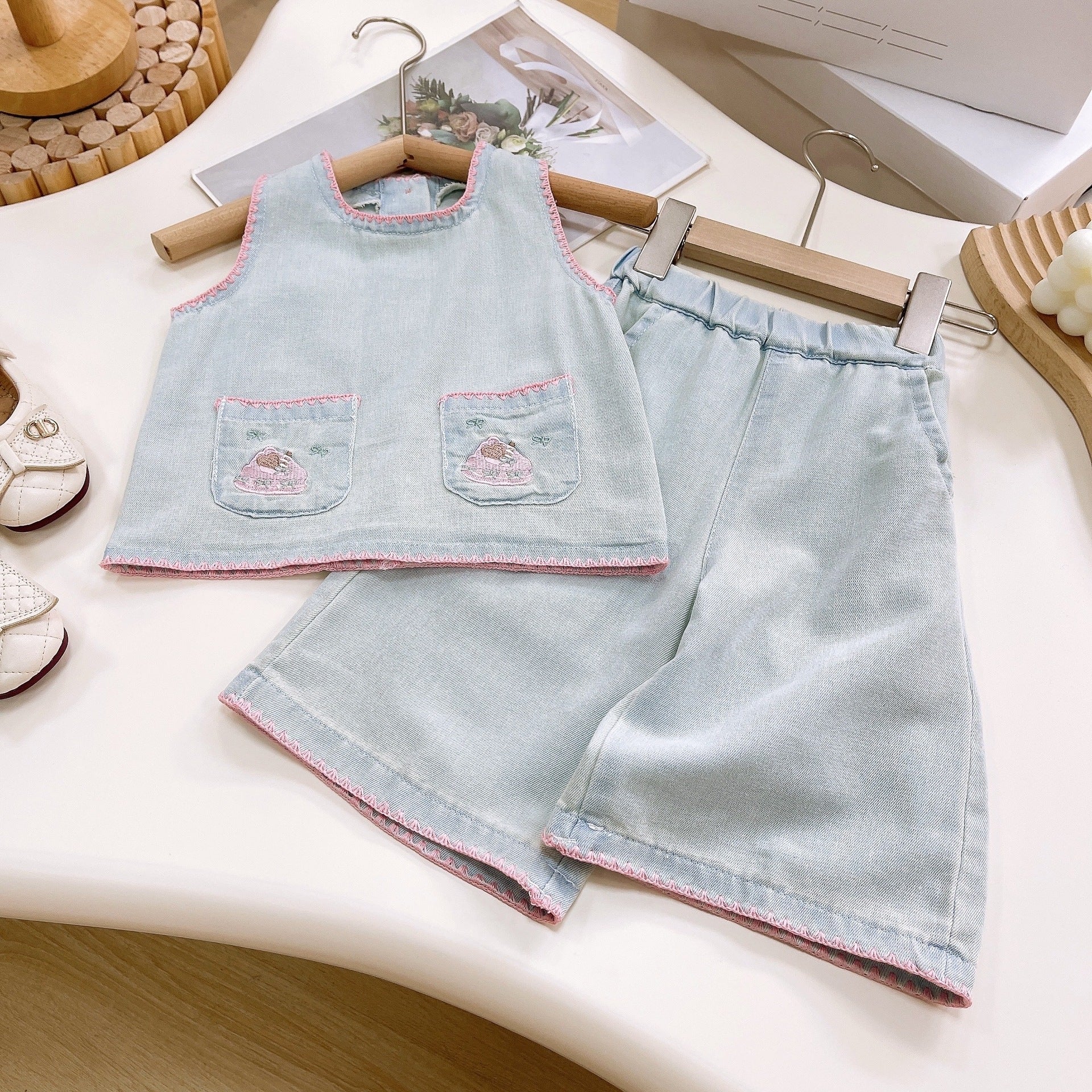 [363775] - Setelan One Set Denim Jeans Baju Kutung Bawahan Celana Kulot Panjang Fashion Anak Perempuan - Motif Pocket Cake