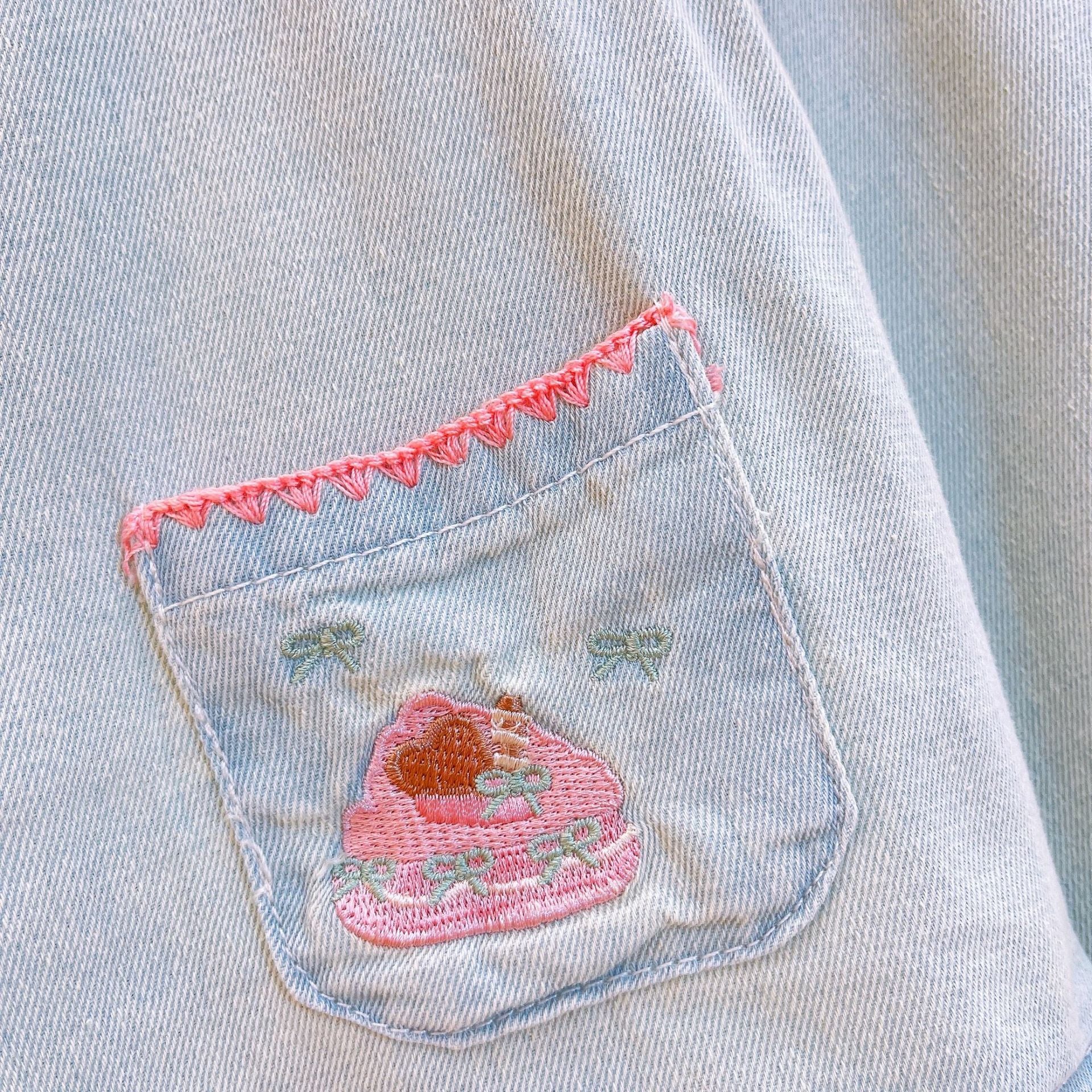 [363775] - Setelan One Set Denim Jeans Baju Kutung Bawahan Celana Kulot Panjang Fashion Anak Perempuan - Motif Pocket Cake