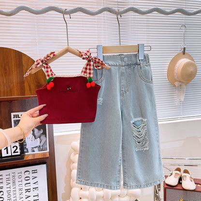 [363776] - Setelan Baju Tanpa Lengan Celana Jeans Panjang Fashion Anak Perempuan - Motif Little Cherry