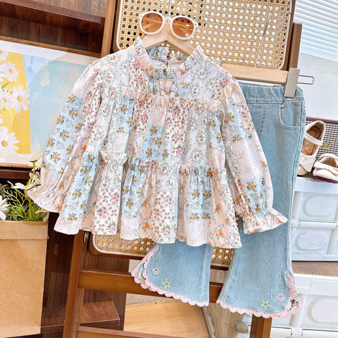 [363778] - Setelan One Set Shabby Baju Blouse Lengan Panjang Celana Jeans Tipis Panjang Fashion Anak Perempuan - Motif Star Flowers