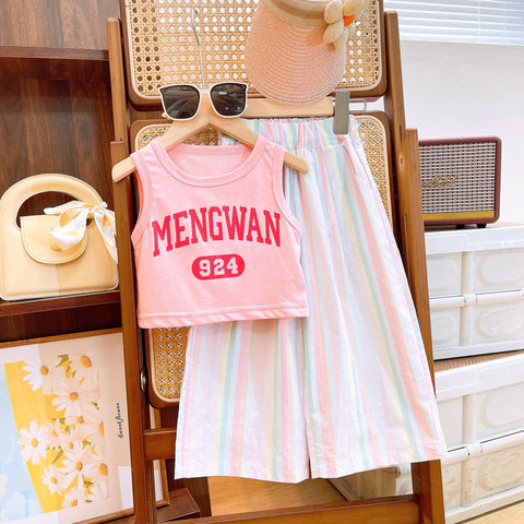 [363780] - Setelan One Set Baju Crop Kutung Celana Panjang Kulot Fashion Anak Perempuan - Motif Colorful Striped