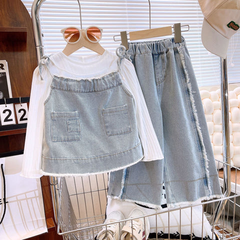 [363783] - Setelan Baju 3In1 Baju Lengan Panjang Plus Vest Celana Jeans Kulot Panjang Fashion Anak Perempuan - Motif Pocket Denim