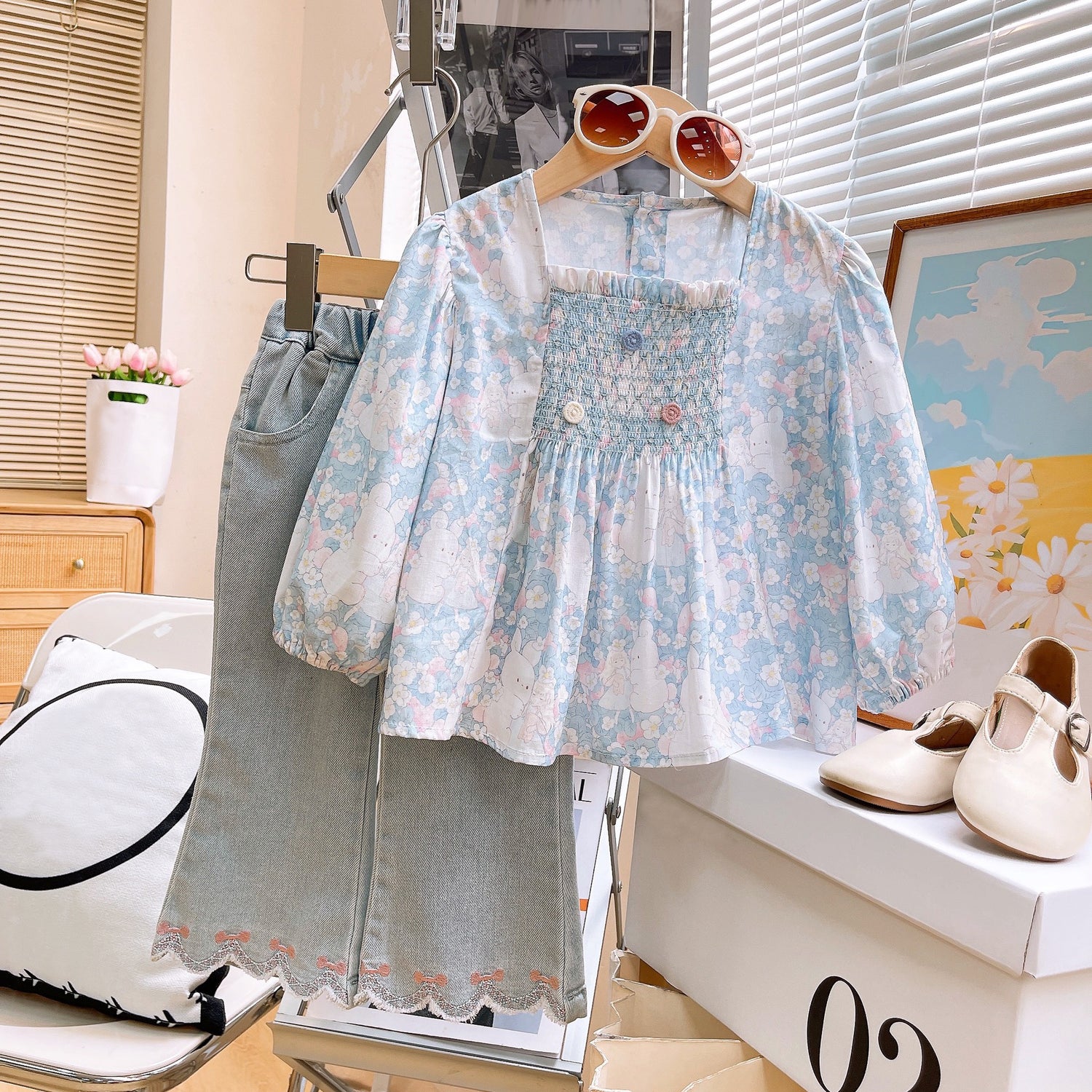 [363784] - Setelan Baju Blouse Lengan Panjang Celana Panjang Jeans Fashion Anak Perempuan - Motif Ribbon Wave