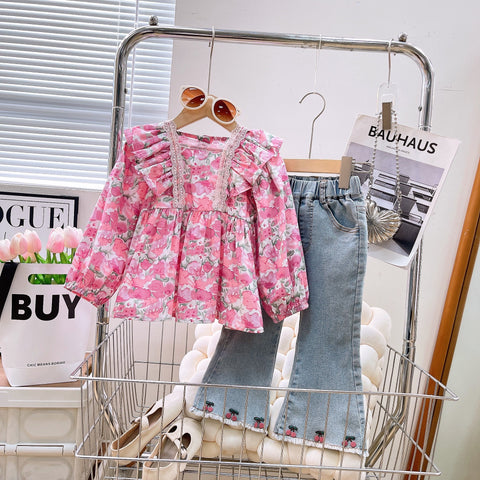 [363786] - Setelan One Set Baju Blouse Lengan Panjang Celana Panjang Jeans Cut Bray Fashion Anak Perempuan - Motif Flower Frill