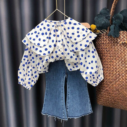 [363787] - Setelan Baju Blouse Lengan Panjang Celana Jeans Panjang Fashion Anak Perempuan - Motif Polka Denim