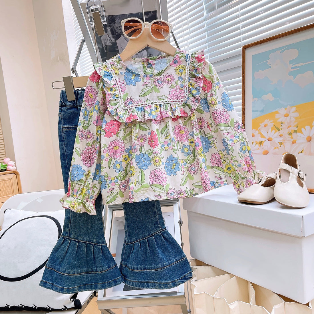 [363788] - Setelan Baju Blouse Lengan Panjang Celana Jeans Panjang Fashion Anak Perempuan - Motif Colorful Flower