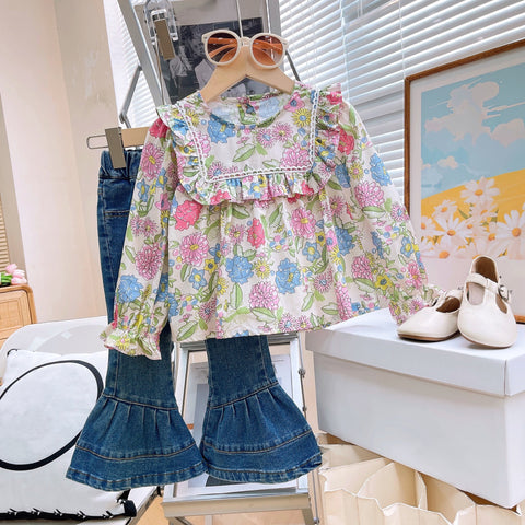 [363788] - Setelan One Set Baju Blouse Lengan Panjang Celana Cut Bray Jeans Panjang Fashion Anak Perempuan - Motif Colorful Flower