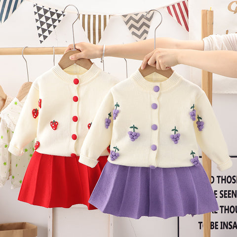 [363789] - Oneset Cardigan Knit Setelan Baju Rajut Lengan Panjang Bawahan Rok Pendek Fashion Anak Perempuan Cewek - Motif Flower Fruit