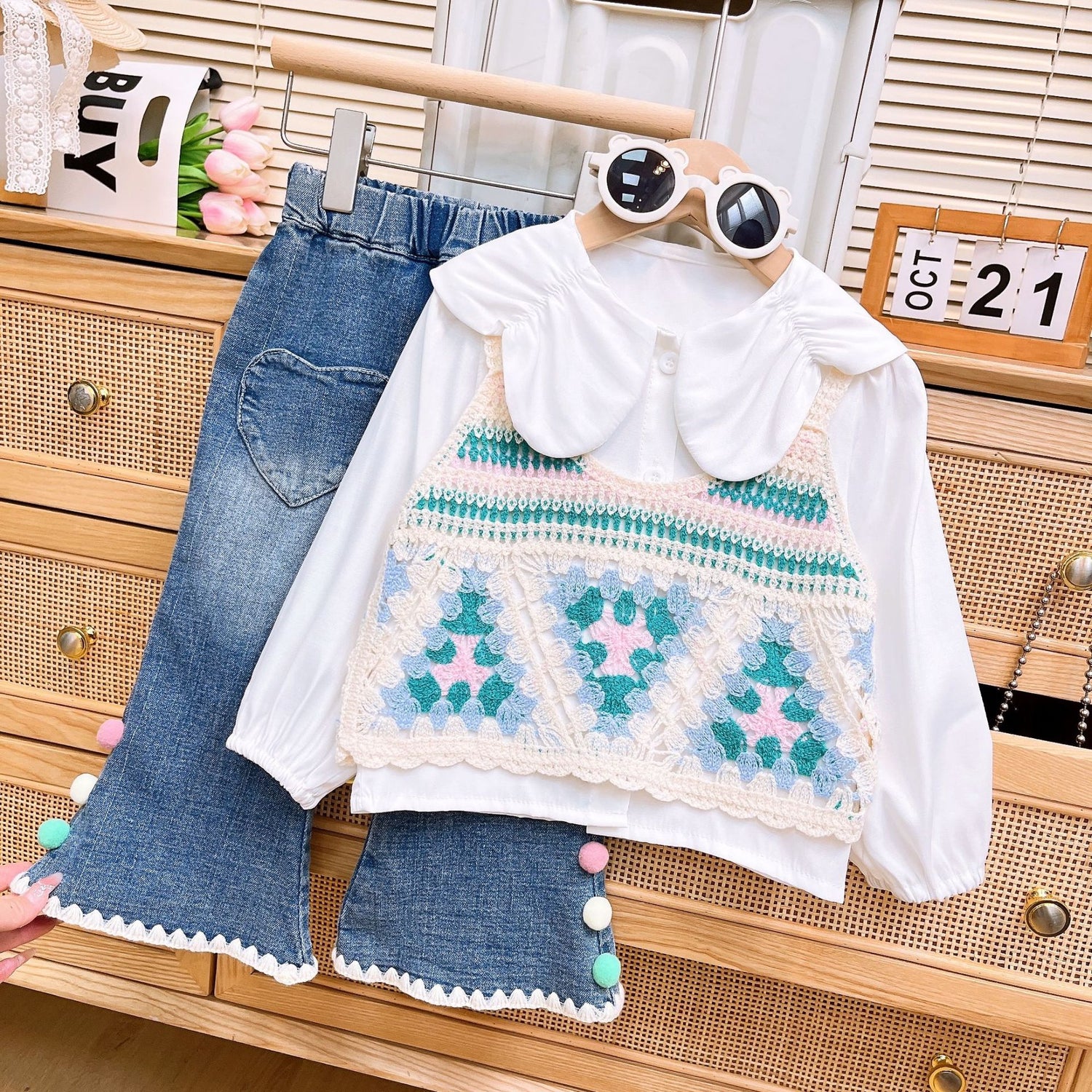 [363790] - Setelan Baju 3 In 1 Atasan Sweater Blouse Lengan Panjang Celana Panjang Jeans Fashion Anak Perempuan - Motif Lace Triangle