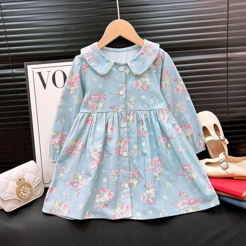[363791] - Gaun Vintage Floral Shabby Blue Baju Dress Lengan Panjang Fashion Anak Perempuan Cewek - Motif Flower Breeze